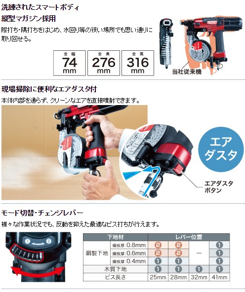 高圧エアビス打ち機 AR411HR 赤